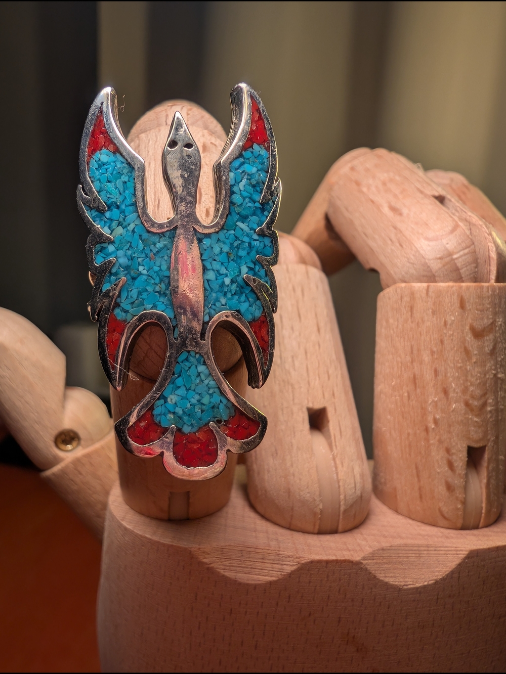 Vintage Native American Thunderbird Turquoise Coral Sterling Ring Size 9 - Picture 2 of 4